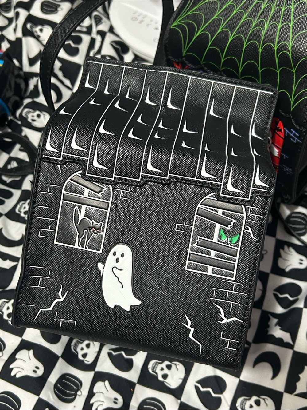 New goth Halloween Black Haunted House Crossbody Bag with Ghost Motif